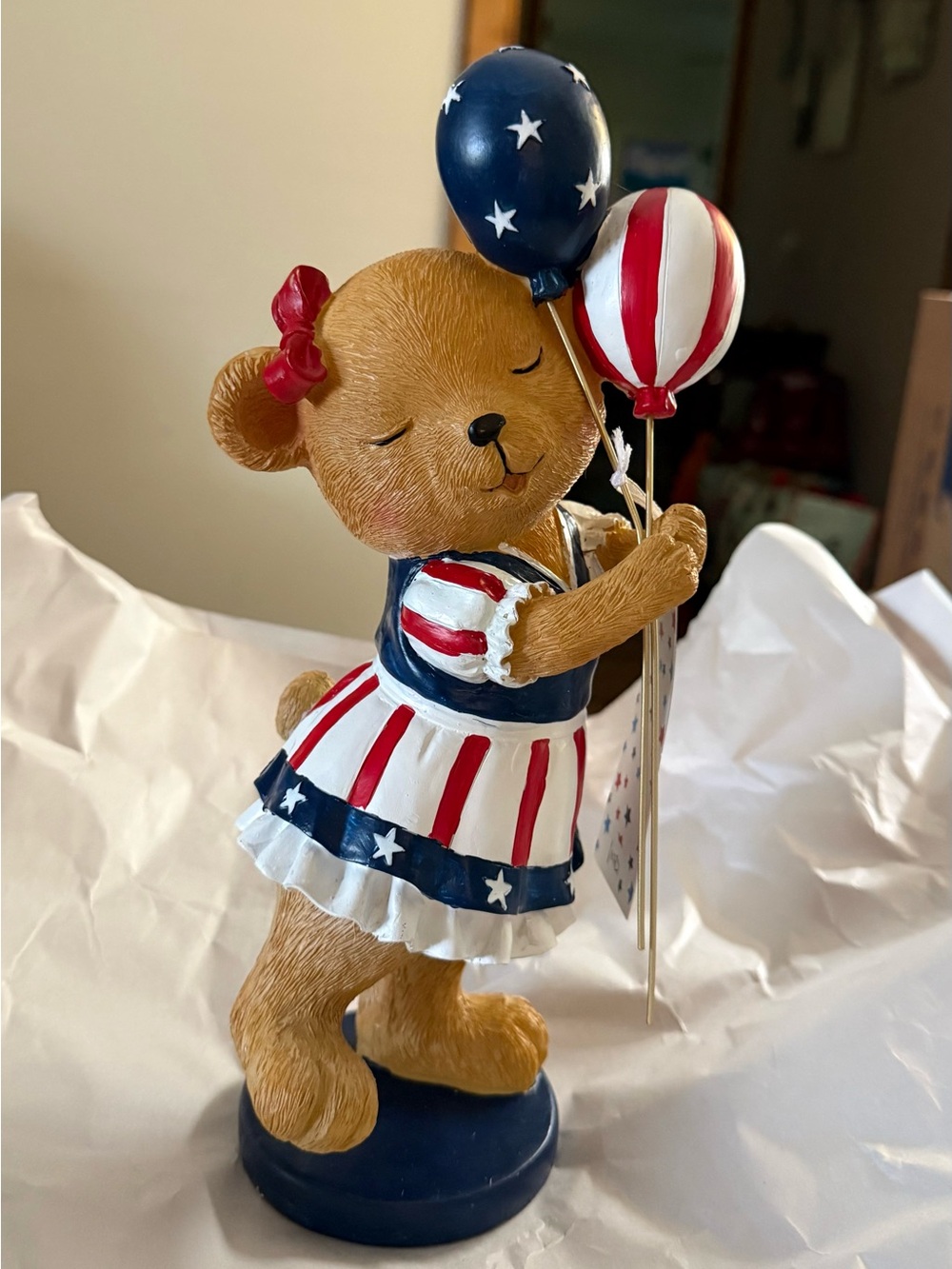 Patriotic Bear Figurine with Balloons - Red, White & Blue